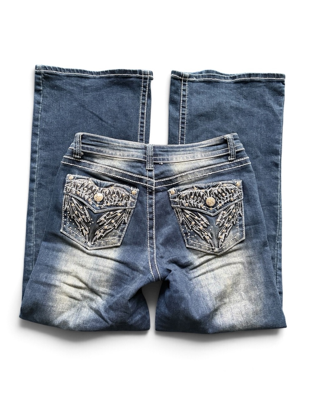 Telepatia Woman’s 9 Wide Leg Dark Wash Embellished Angel Wing Jeans